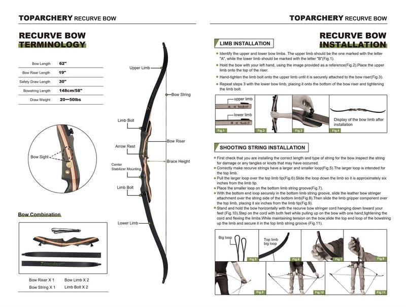 Archery 62" Traditional Wooden Takedown Recurve Bow Right Handed Bow 20-50lbs