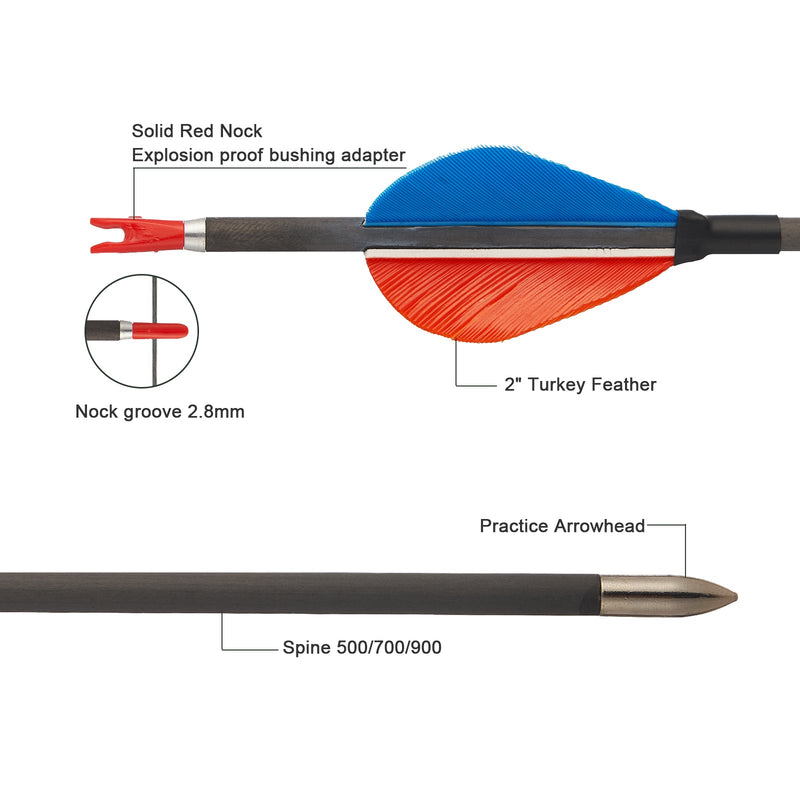12pcs 32" Archery Pure Carbon Arrows Turkey Feather Fletched Practice Shooting Arrow