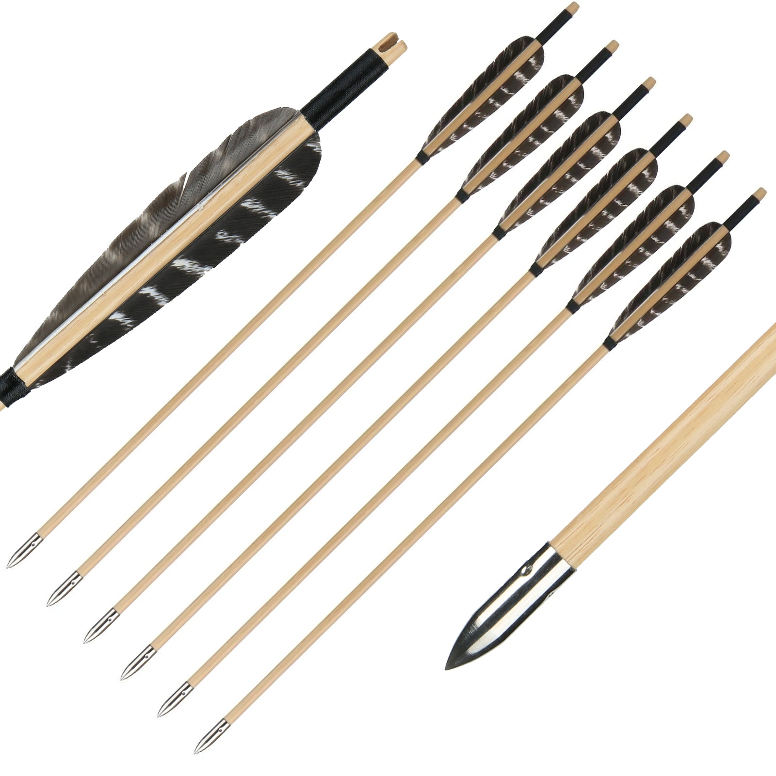 6Pcs Archery Traditional Wooden Arrows 31.5 Natural Feather Hunting Arrows  For Traditional Bow