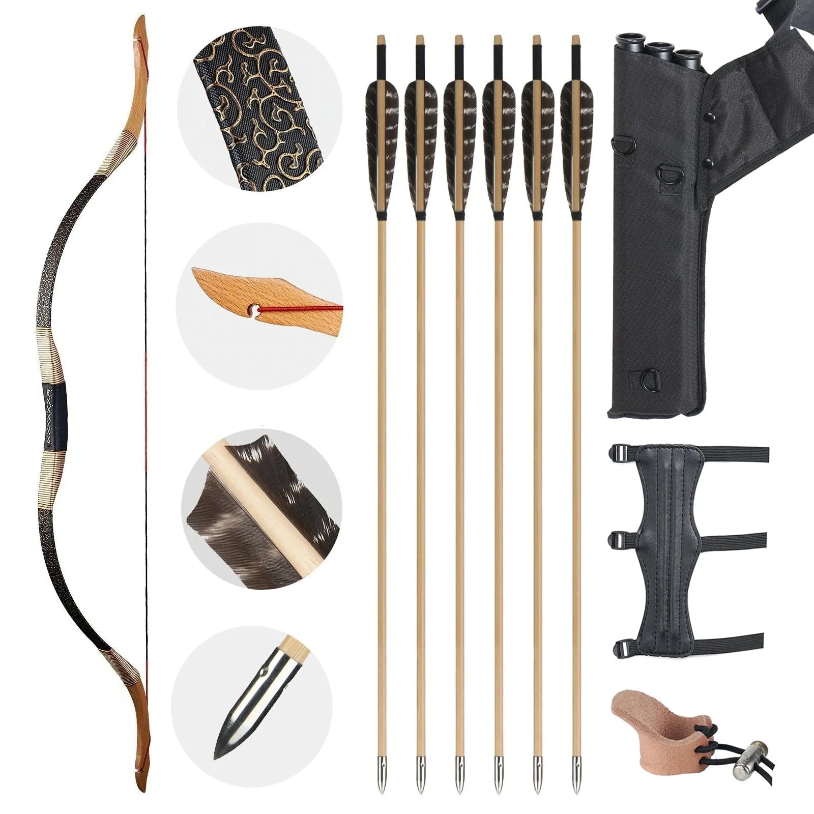 Archery 48" 54" Traditional Recurve Bow and Wooden Arrows Set Mongoli