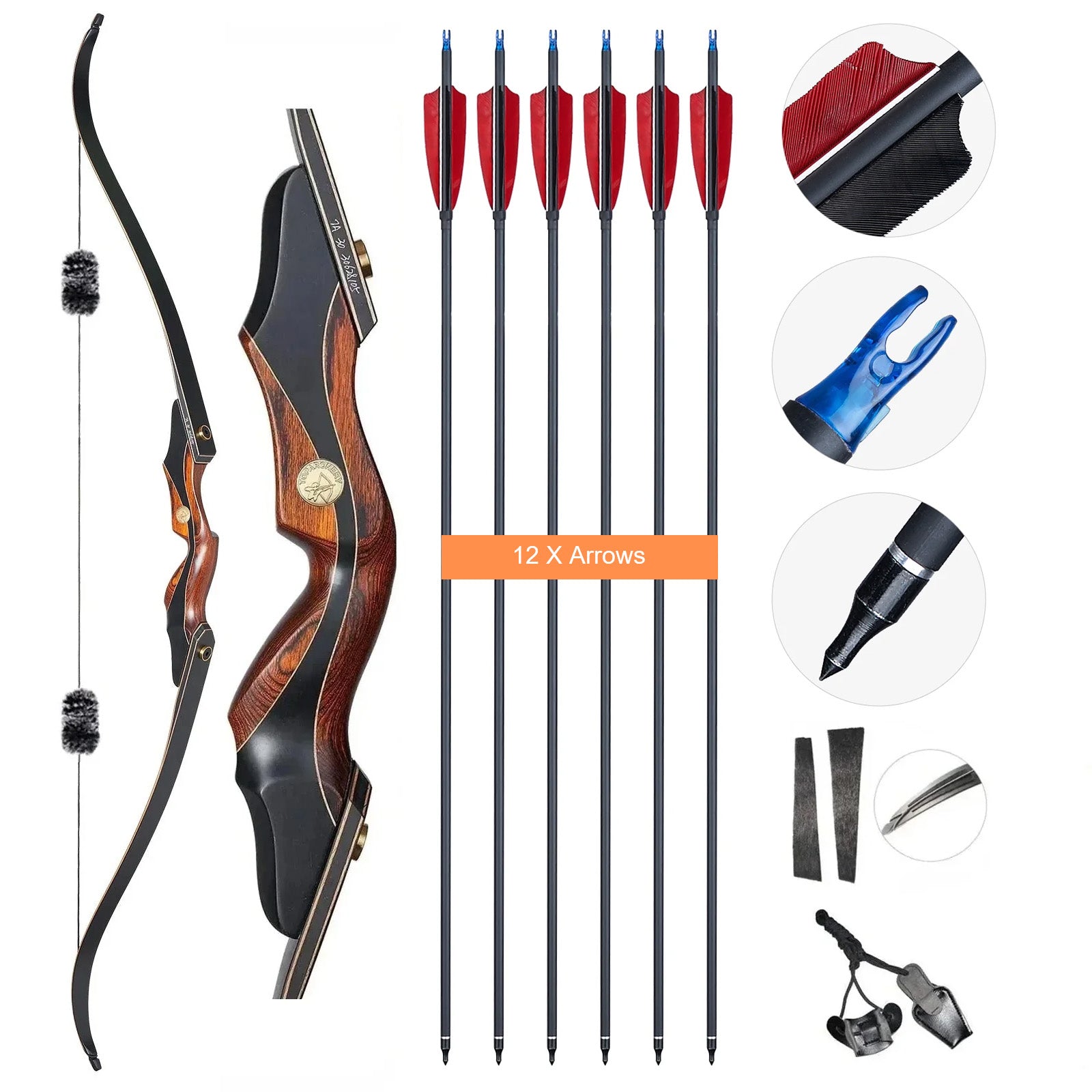 60" Archery Recurve Bow and Arrows Set Feather Fletched Carbon Arrows