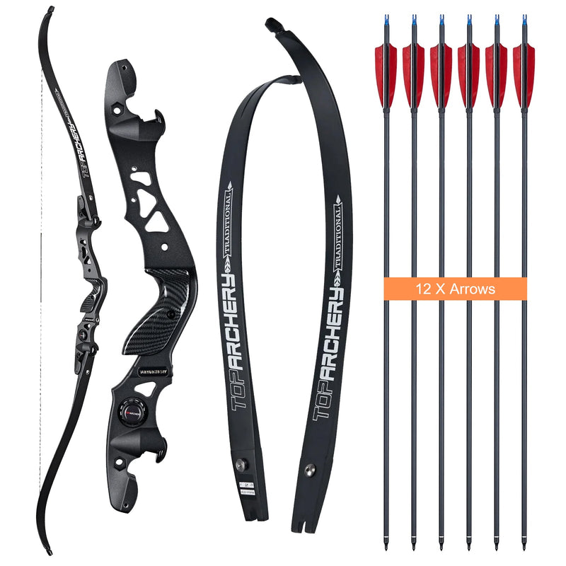 Archery 62" ILF Recurve Hunting Bow Set Aluminum Alloy Riser Right Handed Bow with 12pcs Ture Feather Arrows 30-60lbs