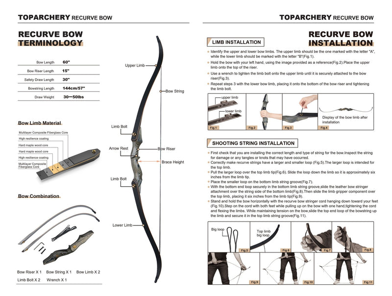 60" Archery Laminated Recurve Bow Left Right Handed Takedown Hunting Bow 30-50lbs