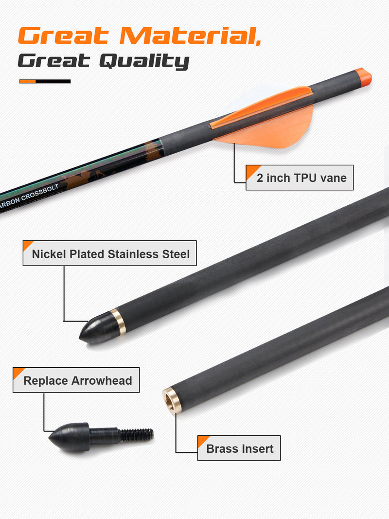 Archery 20" Crossbow Bolts Pure Carbon Shaft Straightness.006 6PK For Crossbow Hunting Arrows