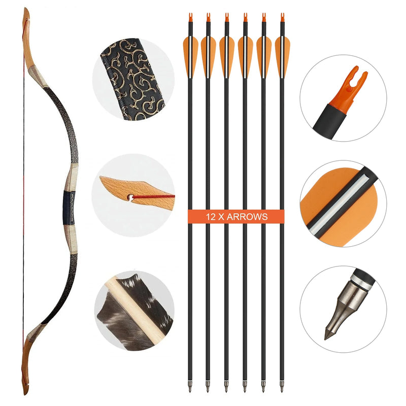 Archery 48"- 54" Traditional Recurve Bow and Carbon Arrows Set Mongolian Horse Bow 30-50lbs