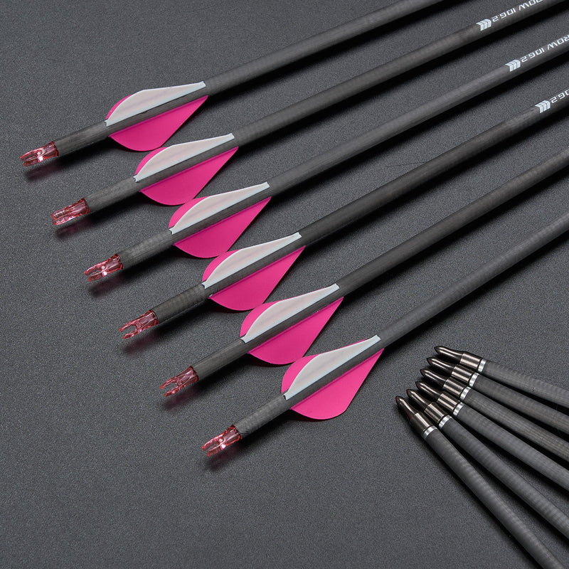 12pcs 30" Carbon Arrows Spine 300/350/400 Pink Turkey Feather Fletched Hunting Arrows