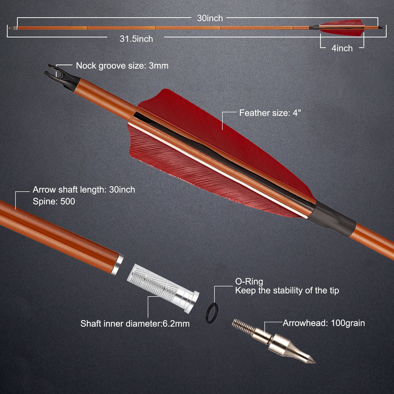 12pcs Archery 30" Turkey Feather Carbon Arrows Spine 500 Target Hunting Arrows