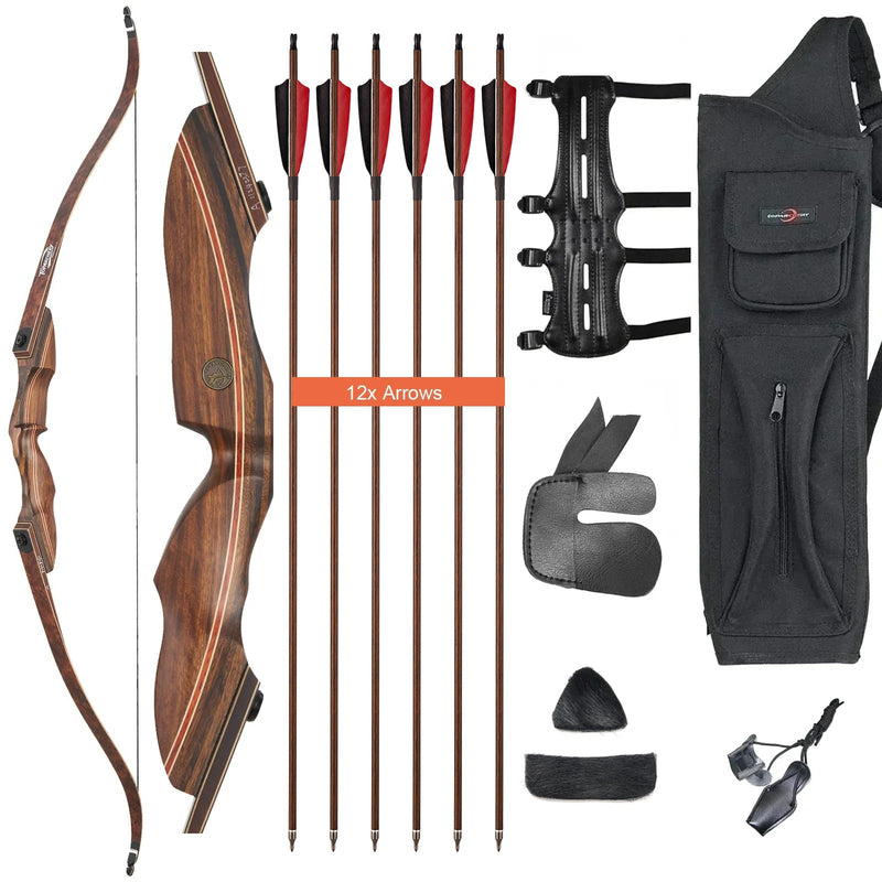 Archery 60" Recurve Hunting Bow and Arrow Set RH Wood Laminated Bow with Quiver Gears 20-60lbs