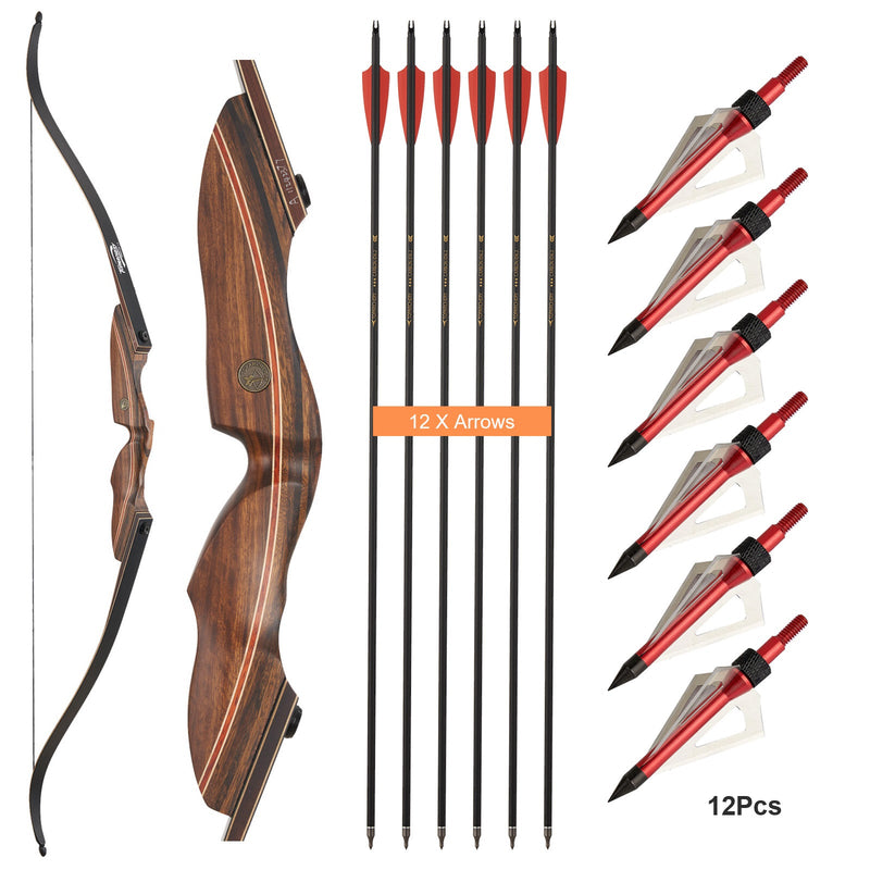 Archery 60" Hunting Bow Set Wood Laminated Bow RH with 12pcs carbon arrows 20-60lbs