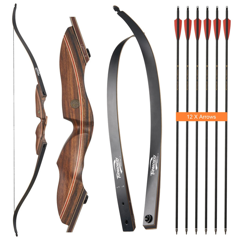 60" Archery Recurve Hunting Bow Wood Laminated Right Hand Bow 25-50lbs with 12pcs Carbon Arrows
