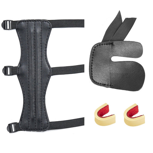 Archery 3-Strap Leather Arm Guard and Finger Tab Kit