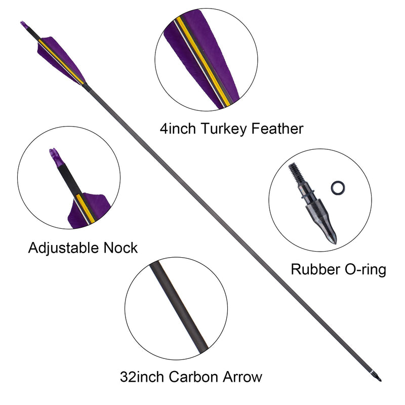 12Pcs 31" Pure Carbon Arrows Straightness 0.003 Spine 400 Turkey Feather Archery Shooting Arrows