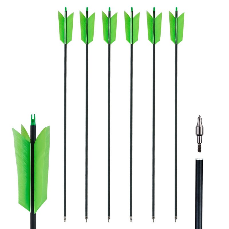 6Pcs 30.5" Archery Carbon Arrows with 4 piece Green Turkey Feathers Spine 500 for Recurve Compound Bow