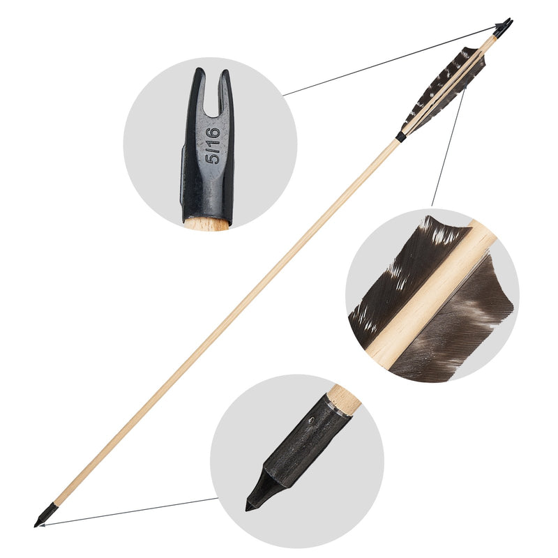 12Pcs Archery 32" Traditional Wooden Arrows with 5" Natural Feather Hunting Arrows for Traditional Bow