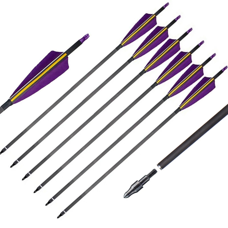 6Pcs Pure Carbon Arrows 31" Turkey Feather Archery Spine 400 with Replaceable Arrowheads
