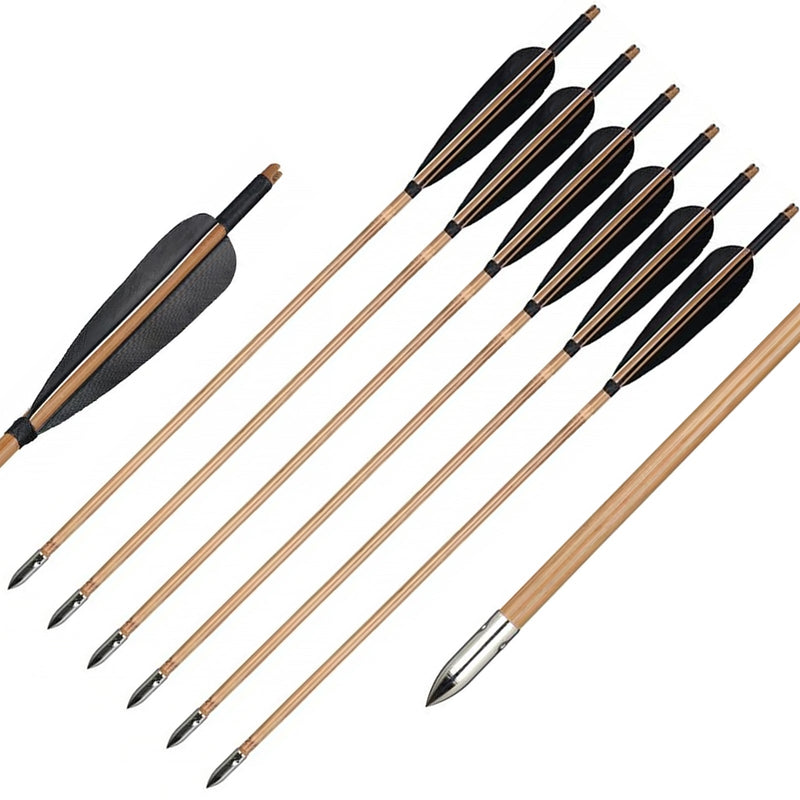 6Pcs 33" Bamboo Arrows Black Turkey Feathers Handmade Archery with Hunting Target Points