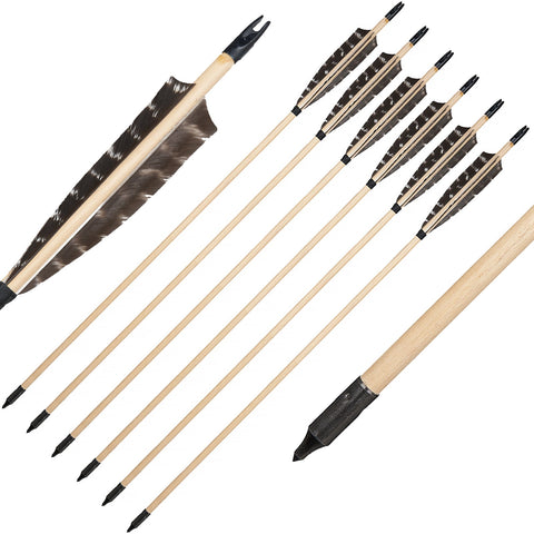 6Pcs Archery 32 Traditional Wooden Arrows with 5 Natural Feather Hunting  Arrows for Traditional Bow