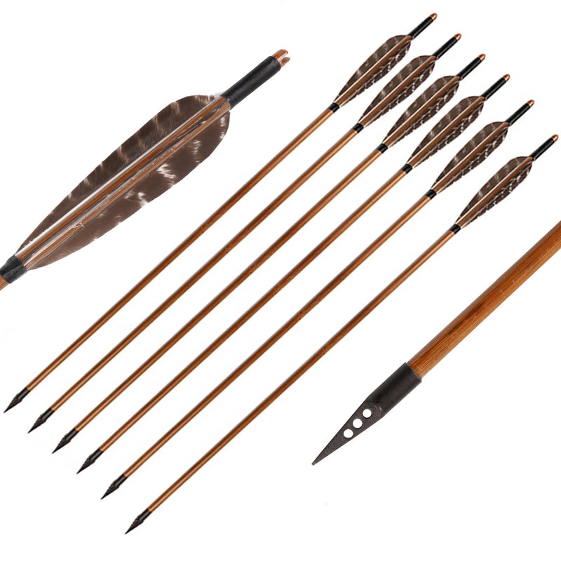 6Pcs Bamboo Arrows Natural Real Feathers Traditional Handmade Archery 31" with Hunting Broadheads