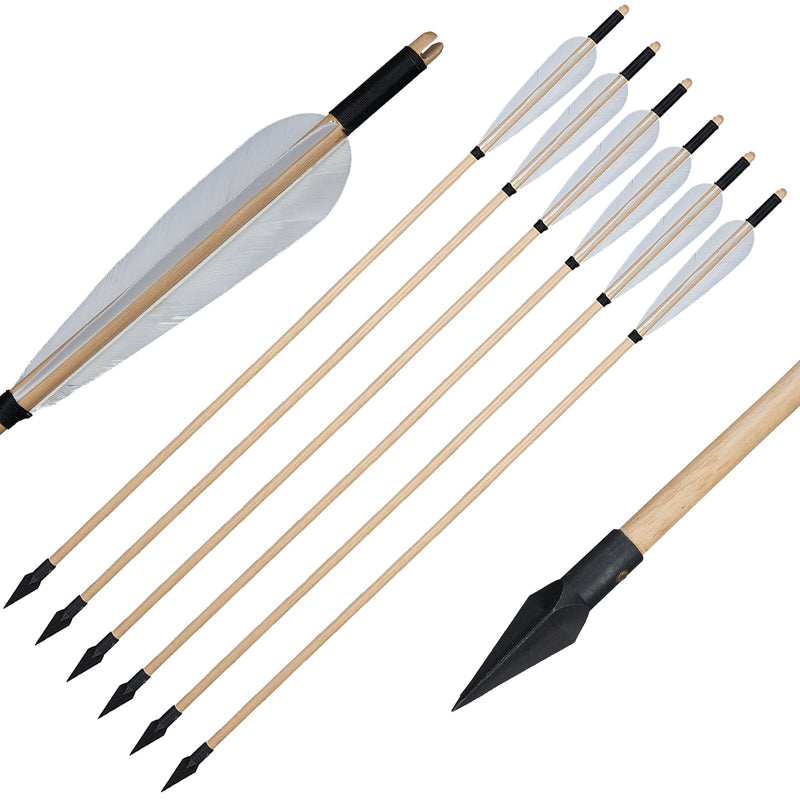 6Pcs Traditional Wooden Arrows Archery White Turkey Feathers 31.5" with Hunting Broadheads