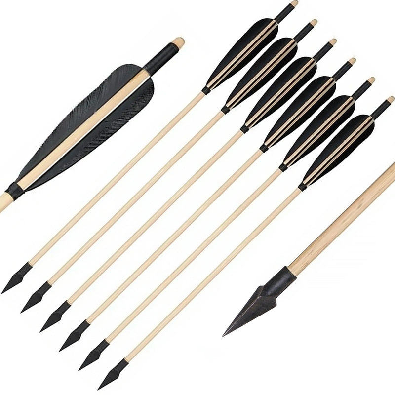 Traditional Wooden Arrows Archery 6Pcs Black Turkey Feathers 31.5" with Hunting Broadheads
