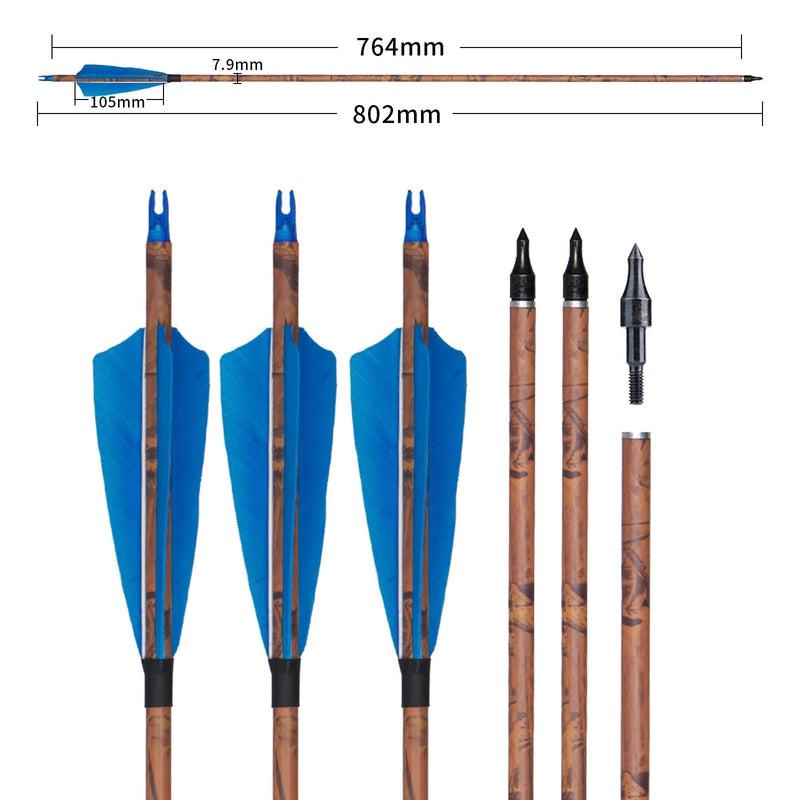 6Pcs Archery 30" Feather Fletched Carbon Arrows Spine 400 for Recurve Compound Bow