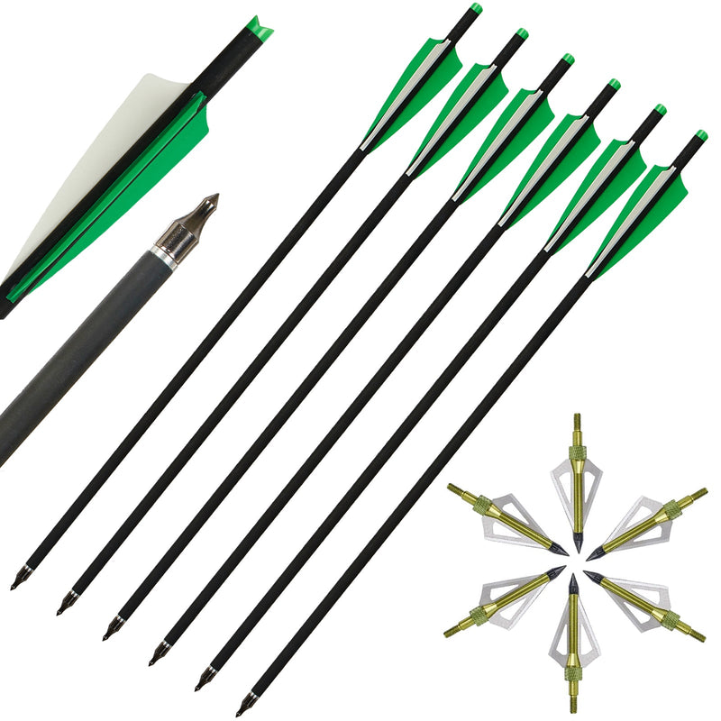 20 Inch Carbon Crossbow Bolt and Crossbow Broadheads Set 12pcs Hunting Crossbow Arrows with 6pcs 3 Blade Hunting Broadheads
