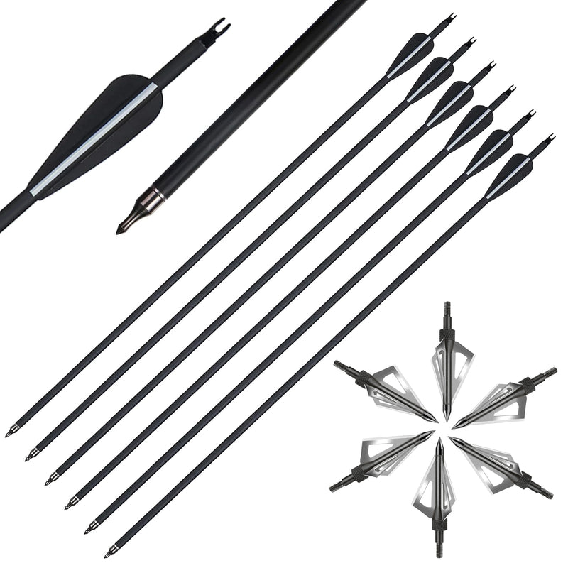 12pcs Archery Carbon Arrows and Hunting Broadheads Set with 3 Blades Hunting Tips 100grain