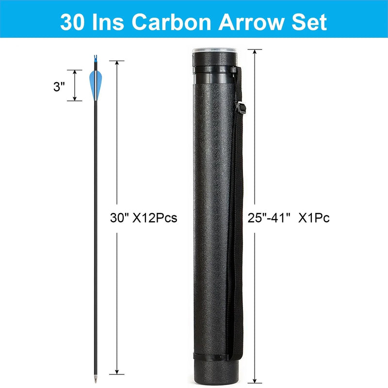 Archery Arrow and Quiver Set 12pcs Fletched Carbon Arrows with Adjustable Arrow Tube 63-105cm