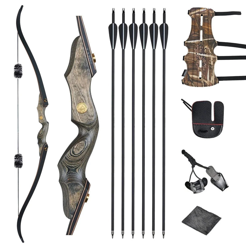 Archery 60" Wood Laminated Bow and Arrows Set Takedown Recurve Right Hand Hunting Bow with 12pcs Carbon Arrows 30-50lbs