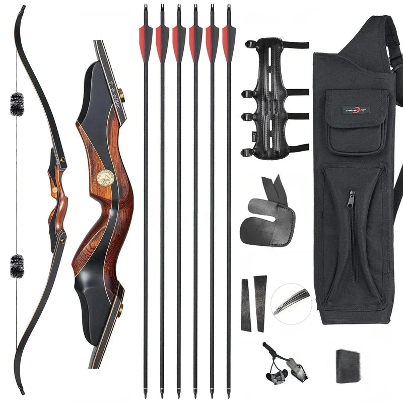 Archery 60" Takedown Recurve Hunting Bow and Arrow Set Wood Laminated Bow Right Hand with 12pcs Carbon Arrows 30-50lbs