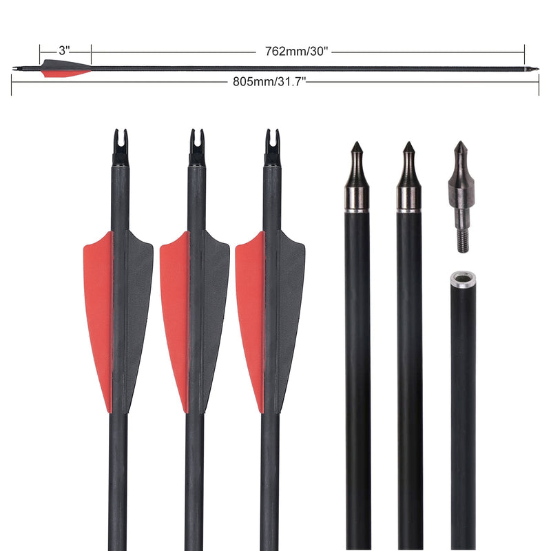 12pcs Archery 30" Carbon Arrows Spine 500 ID 6.2mm Hunting Practice Arrows for Recurve Compound Bow