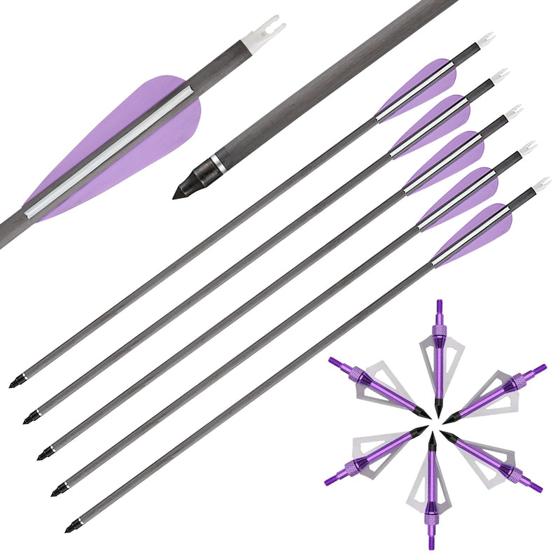 12pcs Archery Carbon Arrows and Hunting Broadheads Set with 3 Blades Hunting Tips 100grain
